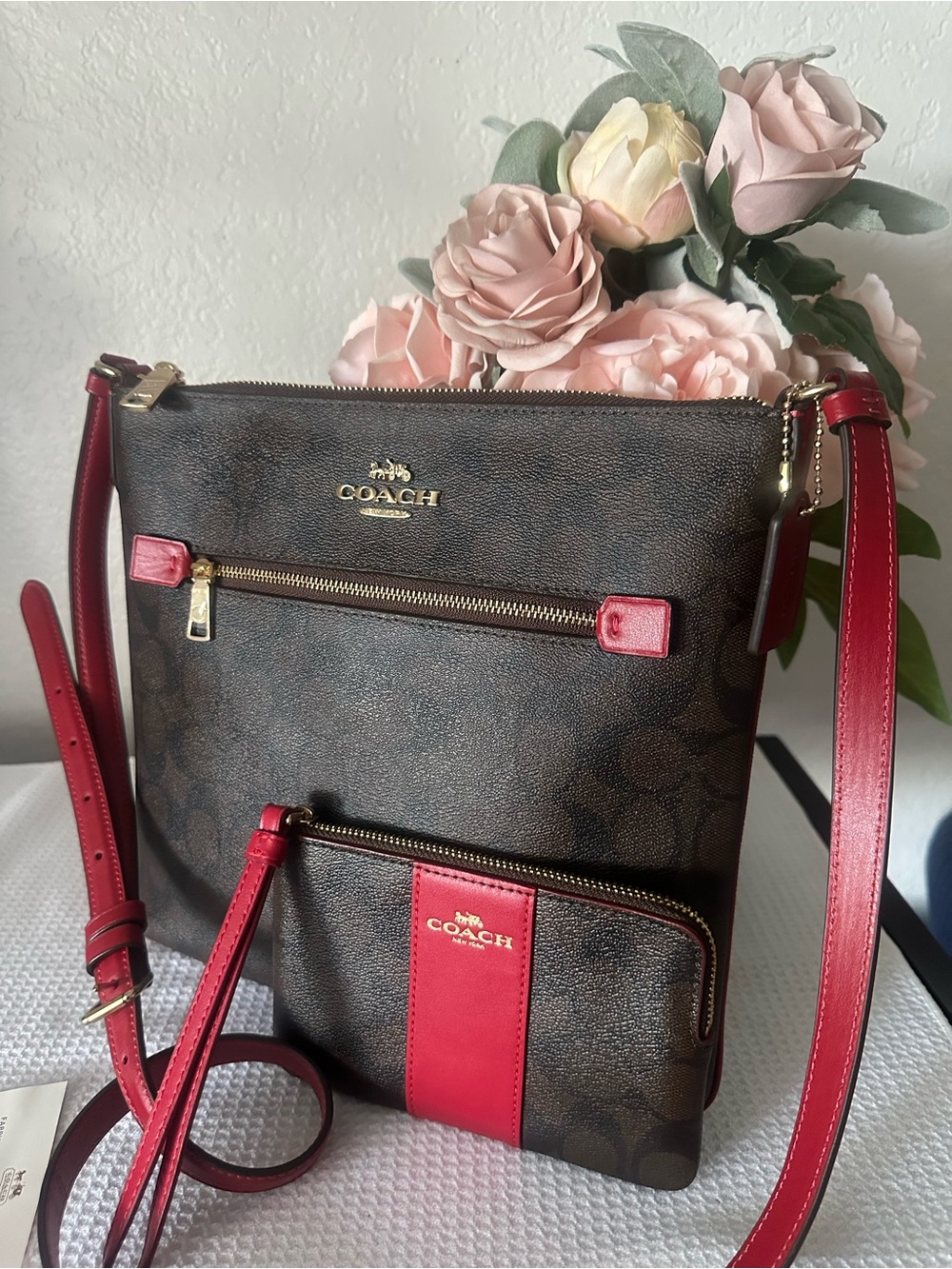 Coach Brown Signature Canvas File Crossbody with Red Trim and Pouch